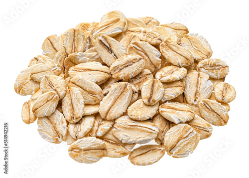 Oat flakes isolated on white, top view, full depth of field