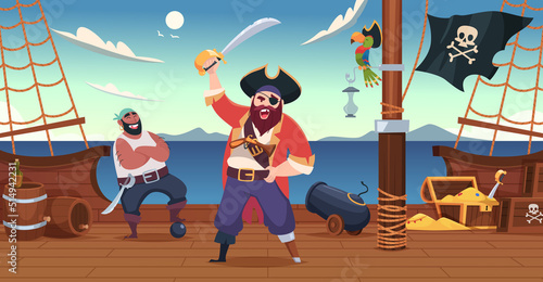 Pirate ship background. Sailors filibusters with weapons standing on battleship deck exact vector template in cartoon style