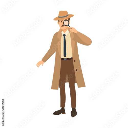 Detectiv vector illustration. Cartoon character in coat and hat, investigator or inspector solving mystery isolated on white