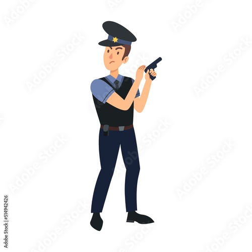 Police officer vector illustration. Burglar with gun, arrested character, angry guy isolated on white. Security, crime, law, justice