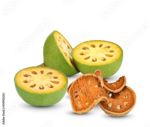 Bael fruits fresh and dry or wood apple fruit (Aegle marmelos) on a white background.