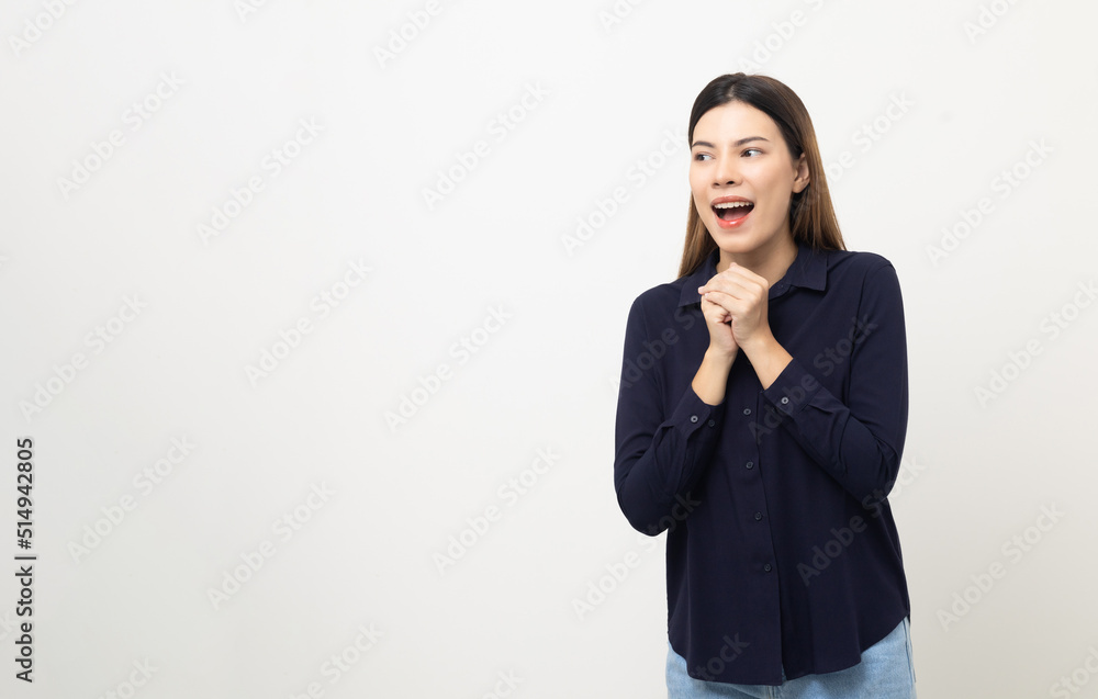 Excited mixed race woman shout out loud wow with hands on isolated background. Happy shocked face female wow promotion advertising concept. Excited mixed race woman shout out loud wow with hands on isolated background. Happy shocked face female wow promotion advertising concept.