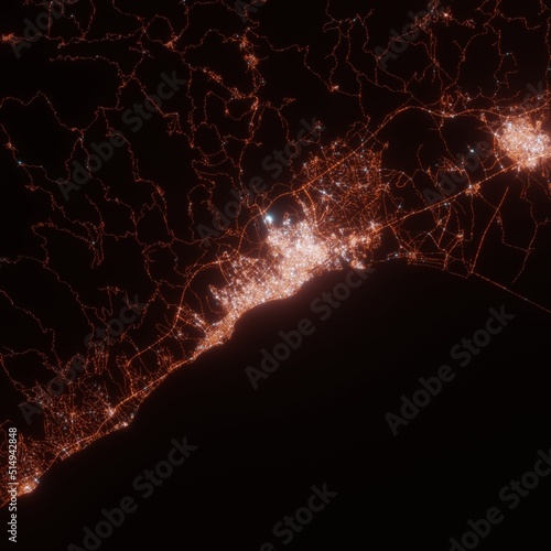 Mersin city lights map, top view from space. Aerial view on night street lights. Global networking, cyberspace