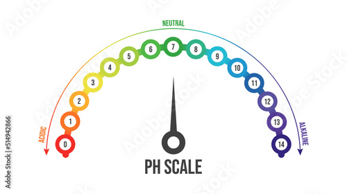 Vector illustration of pH scale isolated on white background. Color pH value scale chart meter infographic. Litmus paper indicator for acid-alkaline solution. 