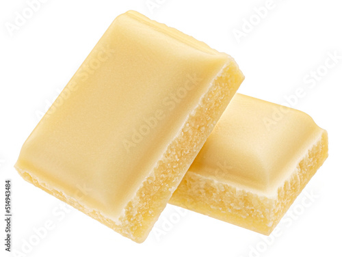 White milk chocolate pieces isolated on white background