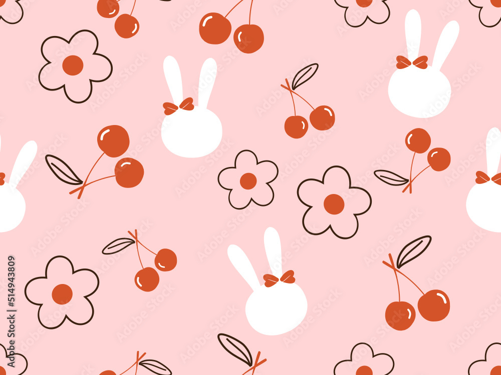 Seamless pattern with cherry fruit, daisy flower and rabbit cartoons on pink background vector illustration. Cute childish print. Seamless pattern with cherry fruit, daisy flower and rabbit cartoons on pink background vector illustration. Cute childish print.