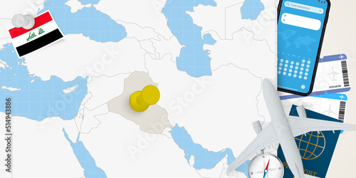 Travel to Iraq concept, map with pin on map of Iraq. Vacation preparation map, flag, passport and tickets.