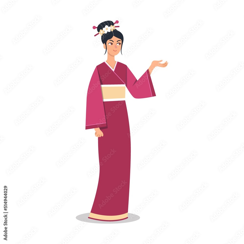 Chinese woman character in traditional clothes vector illustration. Japanese or Chinese people wearing kimonos, national costumes isolated on white