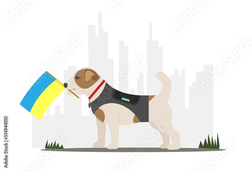 Dog jack russell serving police, Ukrainian police dog by the name Patron in uniform holding Ukrainian flag, flat vector illustration