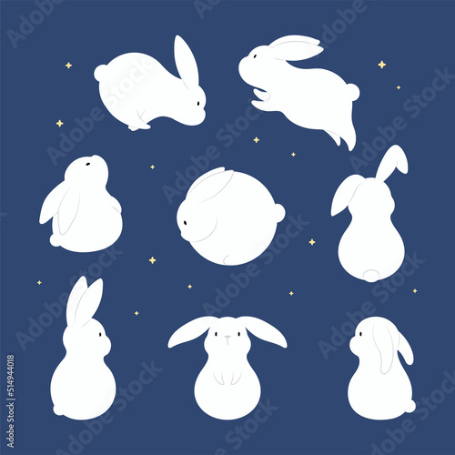 Mid Autumn Festival cute moon rabbits collection. Hand drawn vector illustration. Isolated objects. Flat style. Design elements set for traditional Asian holiday decor, card, poster, banner.