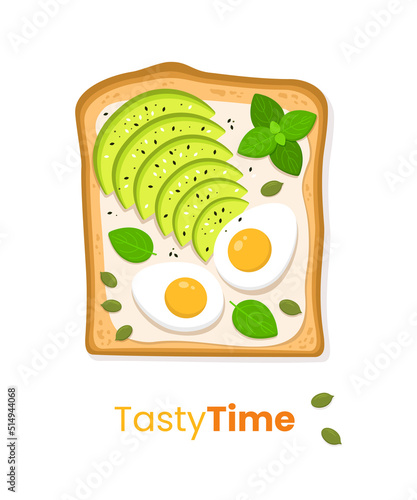Healthy toast with avocado and an egg on white background. Cute vector illustration.
