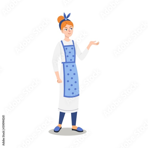Female baker cartoon character for kids vector illustration. Cooking equipment, mixer, flour, different kinds of bread isolated on white