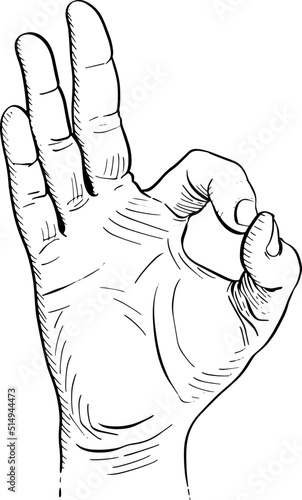 Hand making the OK gesture, palm forward. Black and white vector illustration, white background. Hand gesture concept.