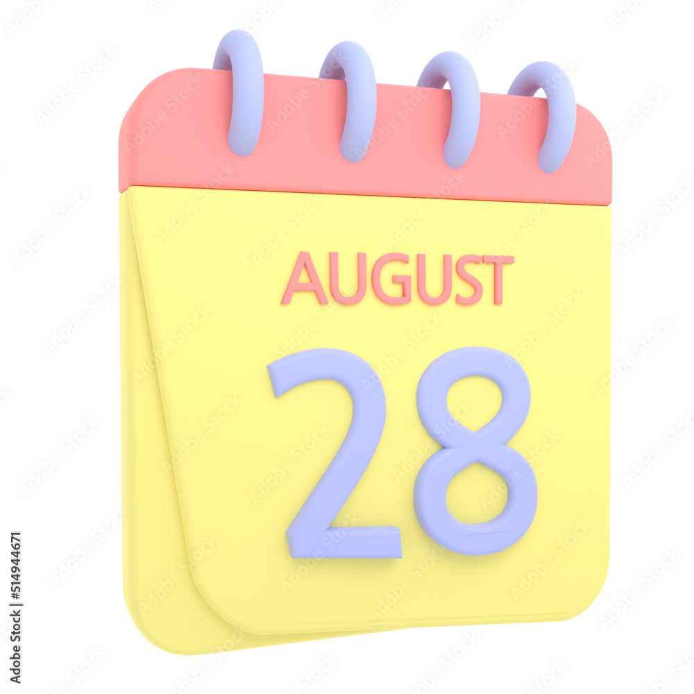 28th August 3D calendar icon. Web style. High resolution image. White background 28th August 3D calendar icon. Web style. High resolution image. White background
