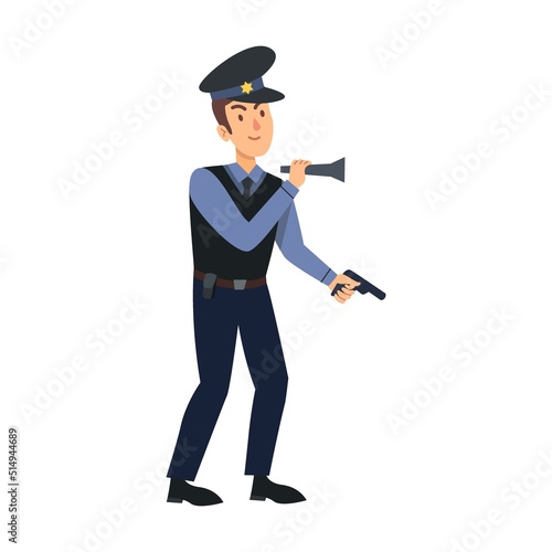 Policemen vector illustration. Police officer, burglar with gun, arrested character, angry guy isolated on white. Security, crime, law, justice