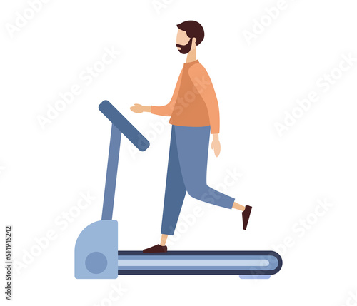 Man running on treadmill. Sport concept. Fitness, exercising, healthy lifestyle, cardio activity. Vector flat illustration 