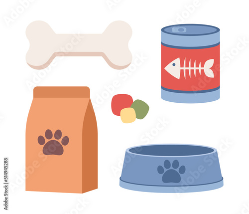 Pet food icon set. Pet shop. Food for cats and dogs. Vector flat illustration 