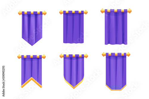Set hanging medieval banner flag with cloth texture and golden decoration in cartoon style isolated on white background. Ui game asset, heraldic design element,