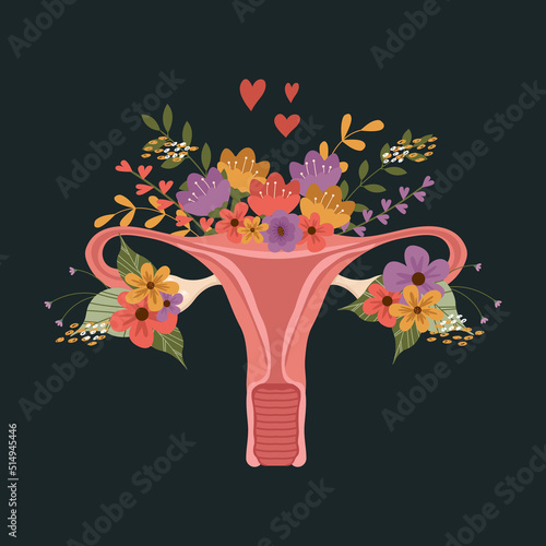 The uterine organ with flowers, women's health. The concept of feminism. Beautiful female reproductive organ and flowers. Feminine symbol. Vector illustration.