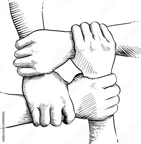 Black and white vector illustration of four hands holding each other on the wrist. Concept teamwork, cooperation, unity.