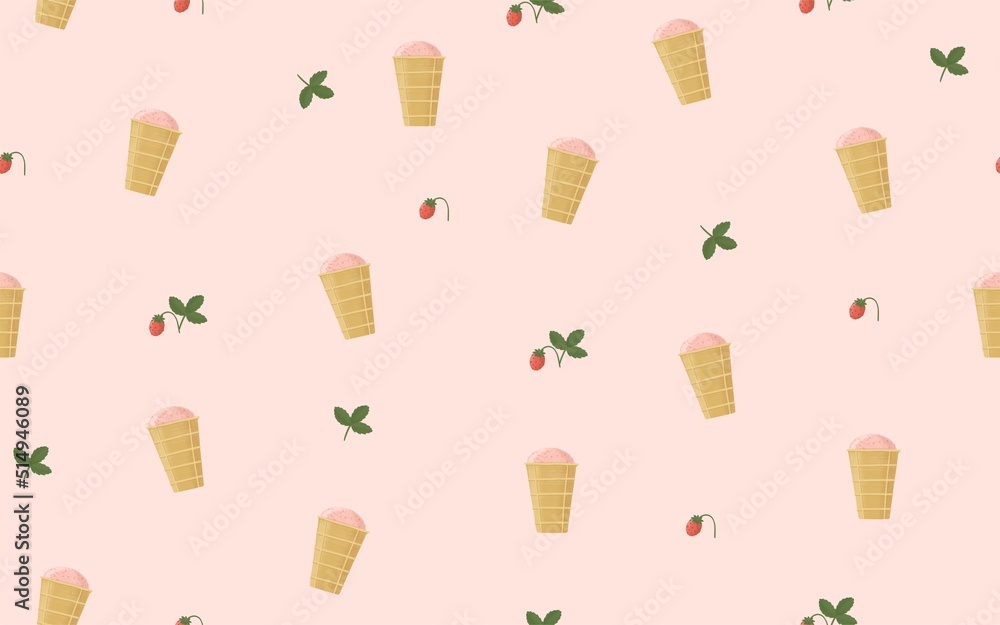 Ice cream cone with strawberries seamless pattern. Yummy illustration Ice cream cone with strawberries seamless pattern. Yummy illustration