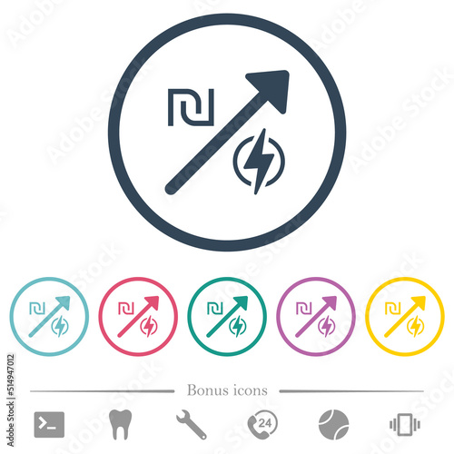 Rising electricity energy israeli new shekel prices flat color icons in round outlines