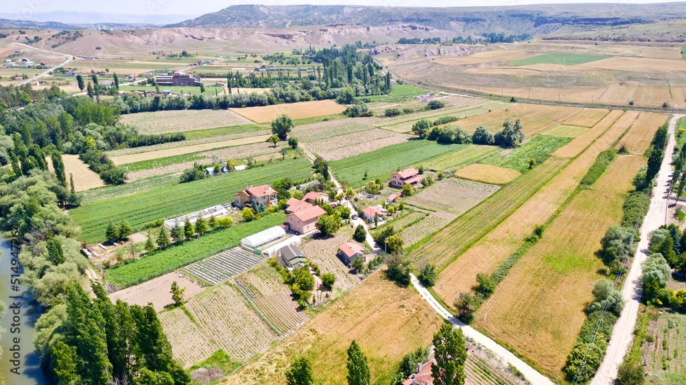 Aerial view of the farmhouse in the countryside 