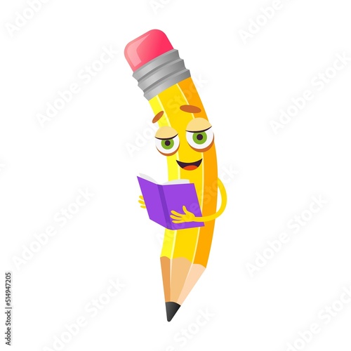 Reading book pencil cartoon character vector illustration. Funny and happy comic writing tool with smiling face, animated mascot holding book, isolated on white