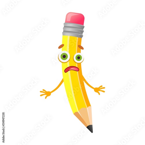 Comic writing tool with smiling face, animated mascot holding book, isolated on white. Cute pencil cartoon character vector illustration