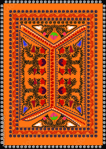Yellow suzani carpet- traditional art in Uzbekistan. Handmade embroidery textile product. Using in home decor. Producing in Samarkand.