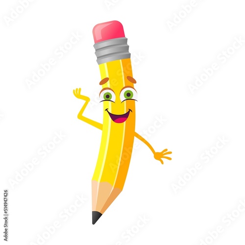 Pencil cartoon character vector illustration. Funny and happy comic writing tool with smiling face, animated mascot holding book, isolated on white
