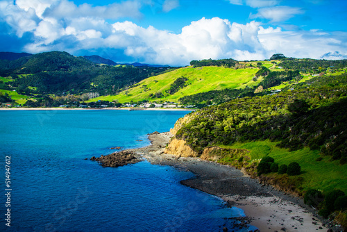 Aerial view over Hokianga Harbour surrounded by lush green hills and cozy beached. Iconic New Zealand, Northland