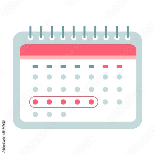 Female menstrual calendar cycle flat icon. Girl periods calendar, pads, uterus and tampons vector illustration. Hygiene, PMS and menstruation