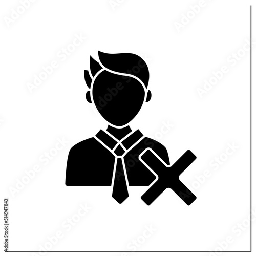 Reject candidate glyph icon. Canceled nominee to get a job or elected position. Politician candidate or worker. Reject concept.Filled flat sign. Isolated silhouette vector illustration