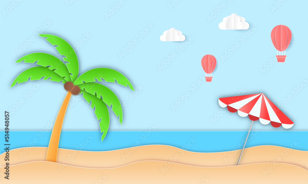 Paper Cut Beach Background With Coconut Tree, Umbrella, Hot Air Balloons And Clouds.