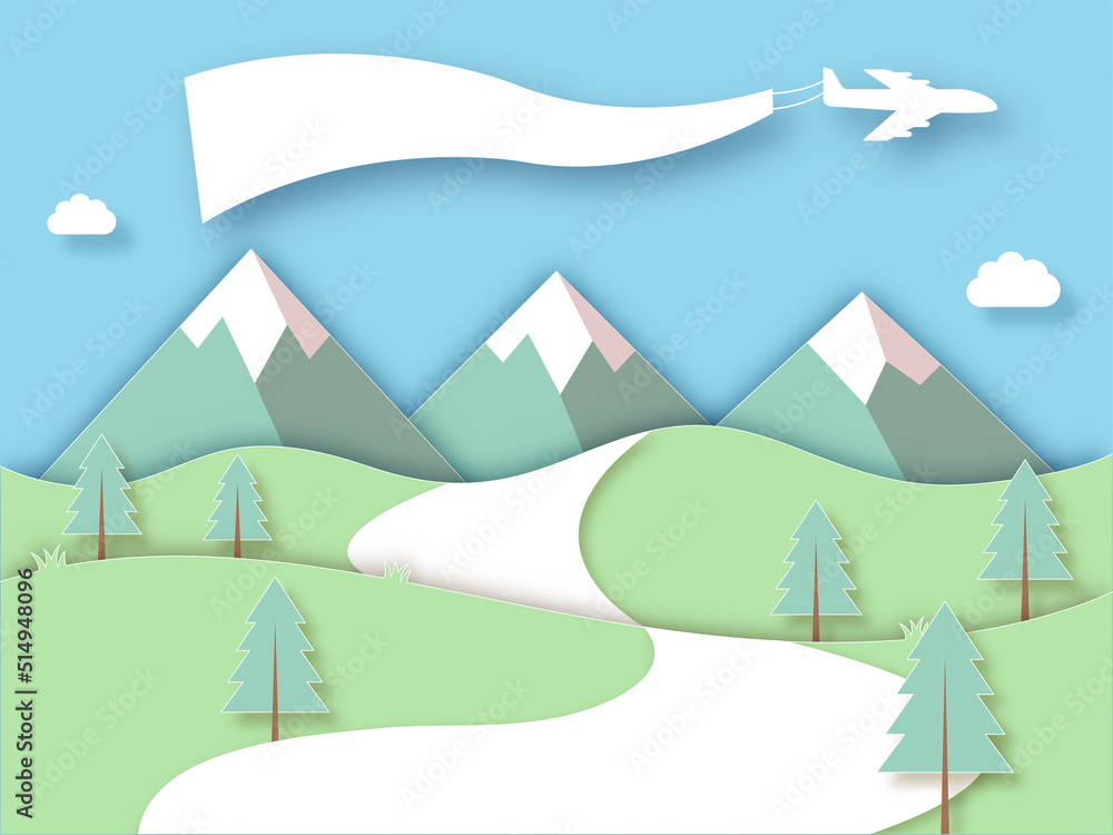 Paper Cut Style Landscape Background With Airplane, Blank Banner, Mountains, Trees And Clouds.