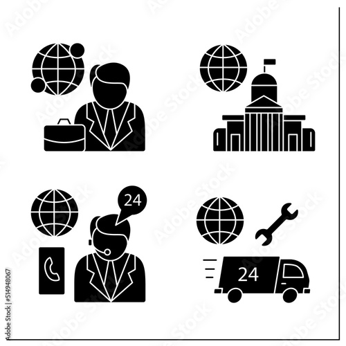 Embassy service glyph icons set. Client consultation, assistance. Diplomation mission concept. Filled flat signs. Isolated silhouette vector illustrations photo