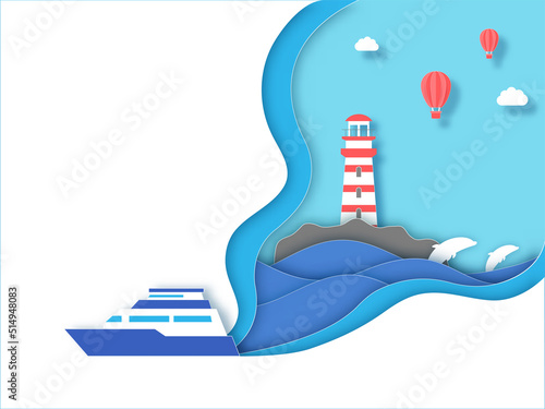 Blue And White Paper Layer Cut Background With Lighthouse, Hot Air Balloons, Fishes, Clouds, Cuisine Ship Illustration.