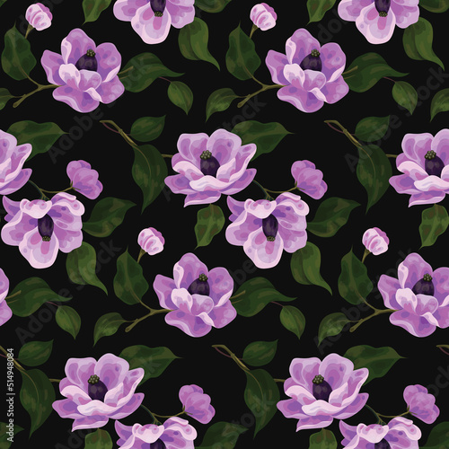 Seamless pattern with large watercolor blossom flowers. Expressive floral print, beautiful botanical background with hand-drawn flowers, buds, leaves on a branch. Vector illustration.