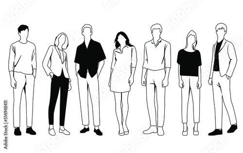 Vector silhouettes of  men and a women, a group of standing  business people,  linear sketch, black and white color isolated on white background