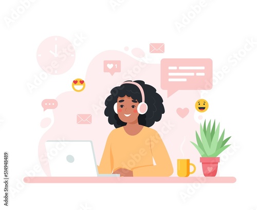 Black woman working with computer, home office, student or freelancer. Customer service, call center and support. Cute concept vector illustration in flat style