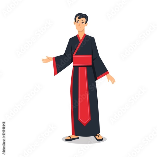 Asian man in traditional clothes vector illustration. Japanese or Chinese people wearing kimonos, national costumes isolated on white