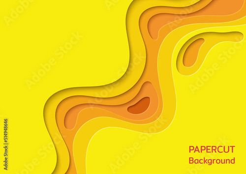 Paper cut background. Abstract paper art. Vector design Wavy geometric liquid flow graphic. Celebration yellow cheese theme.
