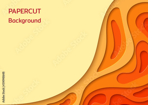 Paper cut background. Abstract paper art. Vector design Wavy geometric liquid flow graphic. Celebration orange and yellow theme.
