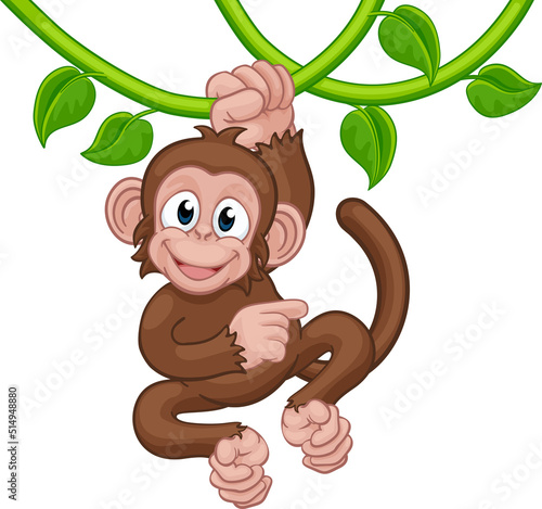 Monkey Singing On Jungle Vines Pointing Cartoon