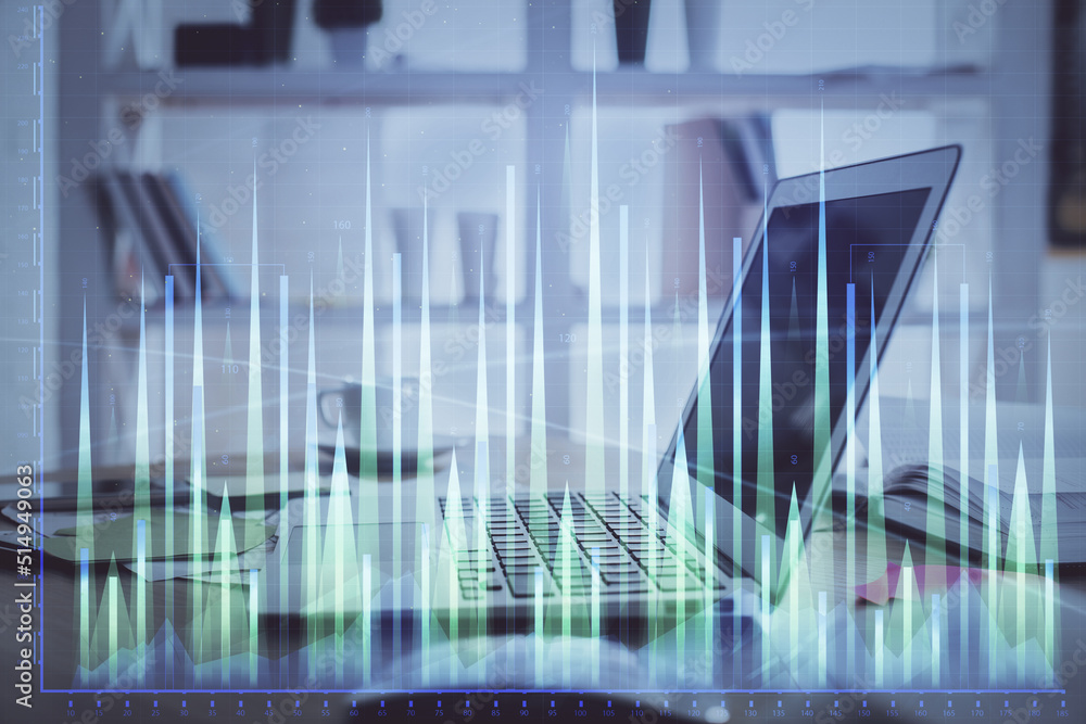 Forex market chart hologram and personal computer background. Double exposure. Concept of investment. Forex market chart hologram and personal computer background. Double exposure. Concept of investment.
