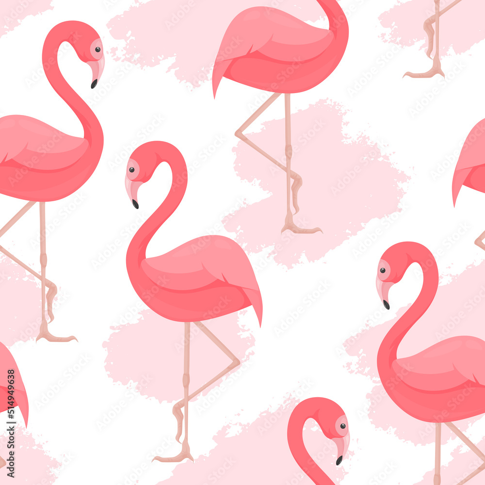 Fototapeta premium Vector seamless pattern with beautiful bright pink flamingos on abstract paint blots.Trendy fashion print. Lovely tropical jungle inhabitants. Layouts design element for World Pink Flamingo Day. Zoo.