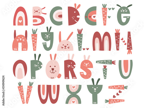 Bunny Stylized Letter Set. Decorative Easter Alphabet Clip art. Vector illustration.