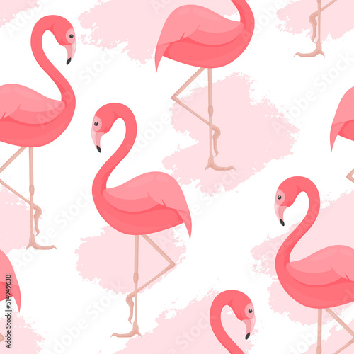 Vector seamless pattern with beautiful bright pink flamingos on abstract paint blots.Trendy fashion print. Lovely tropical jungle inhabitants. Layouts design element for World Pink Flamingo Day. Zoo.