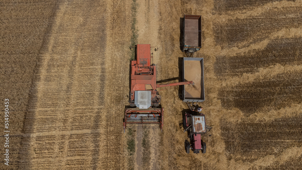 Tractor picking up the crop to bring to the storage tank from the combine harvester Tractor picking up the crop to bring to the storage tank from the combine harvester